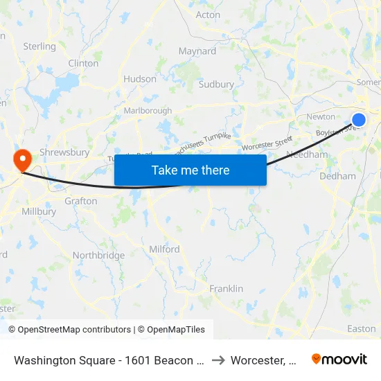 Washington Square - 1601 Beacon St to Worcester, MA map