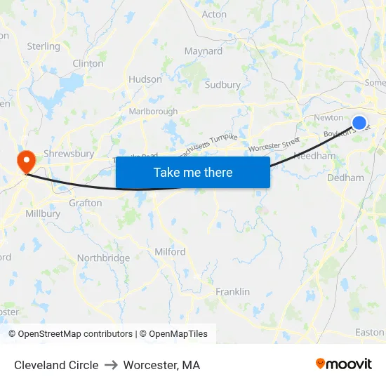 Cleveland Circle to Worcester, MA map