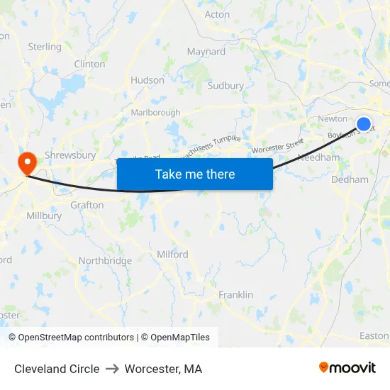Cleveland Circle to Worcester, MA map