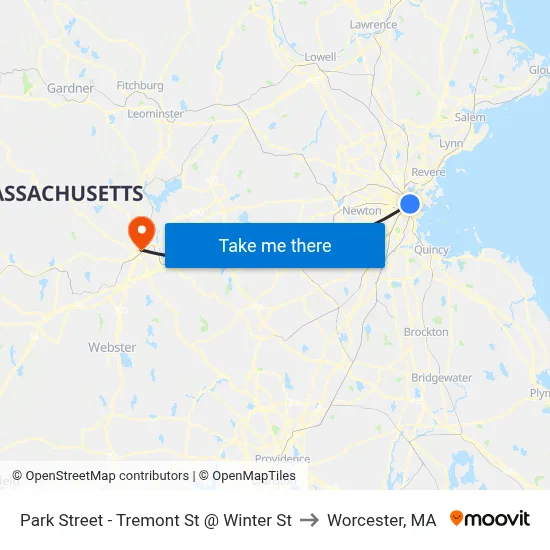 Park Street - Tremont St @ Winter St to Worcester, MA map