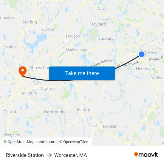 Riverside Station to Worcester, MA map