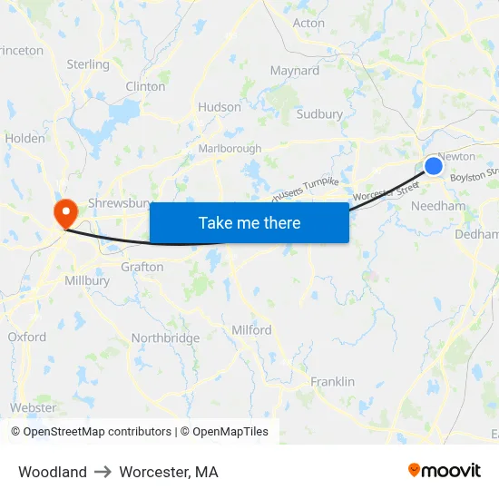 Woodland to Worcester, MA map