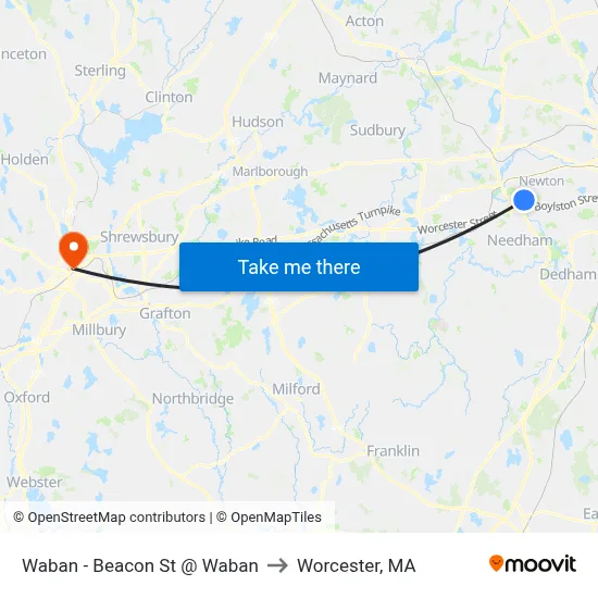 Waban - Beacon St @ Waban to Worcester, MA map