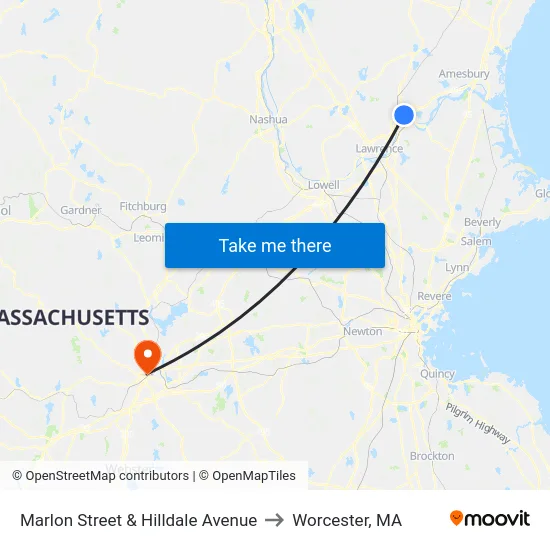 Marlon Street & Hilldale Avenue to Worcester, MA map