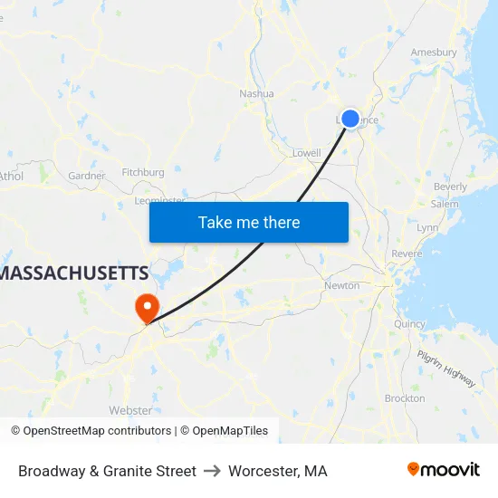 Broadway & Granite Street to Worcester, MA map