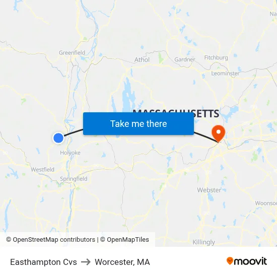 Easthampton Cvs to Worcester, MA map