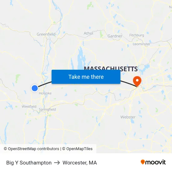 Big Y Southampton to Worcester, MA map