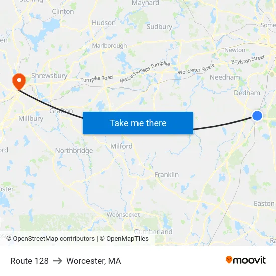 Route 128 to Worcester, MA map