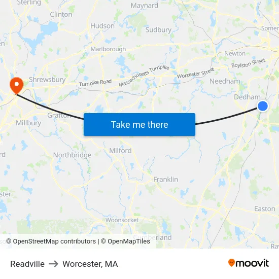 Readville to Worcester, MA map
