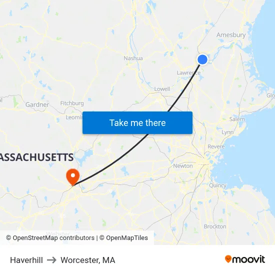 Haverhill to Worcester, MA map