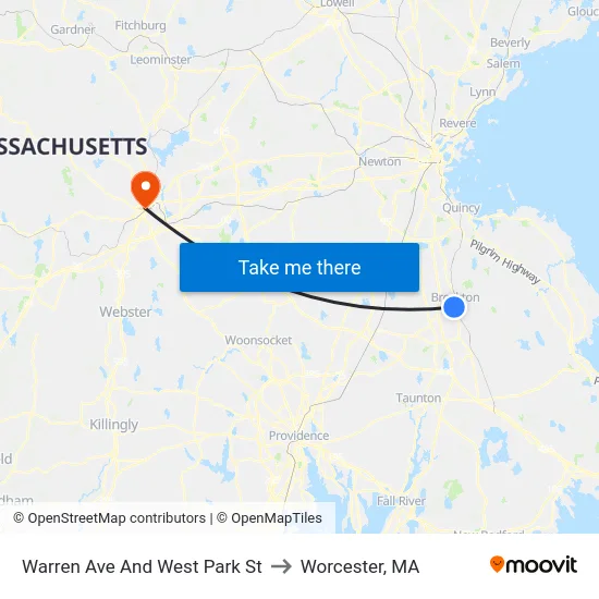 Warren Ave And West Park St to Worcester, MA map