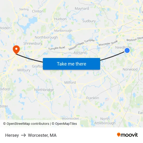 Hersey to Worcester, MA map