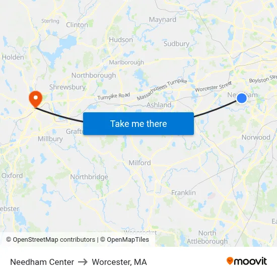 Needham Center to Worcester, MA map