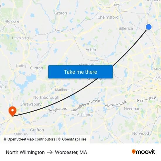 North Wilmington to Worcester, MA map