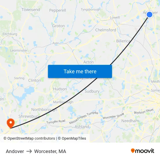 Andover to Worcester, MA map