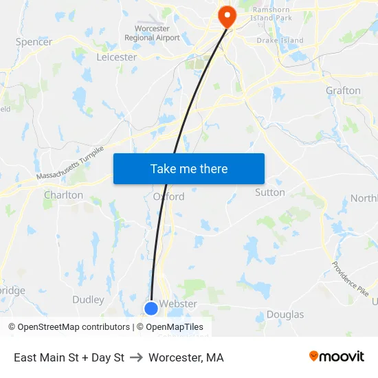 East Main St + Day St to Worcester, MA map
