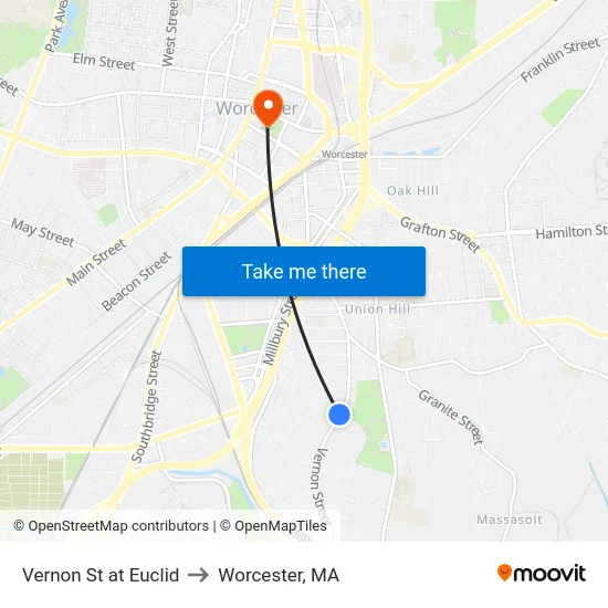 Vernon St at Euclid to Worcester, MA map