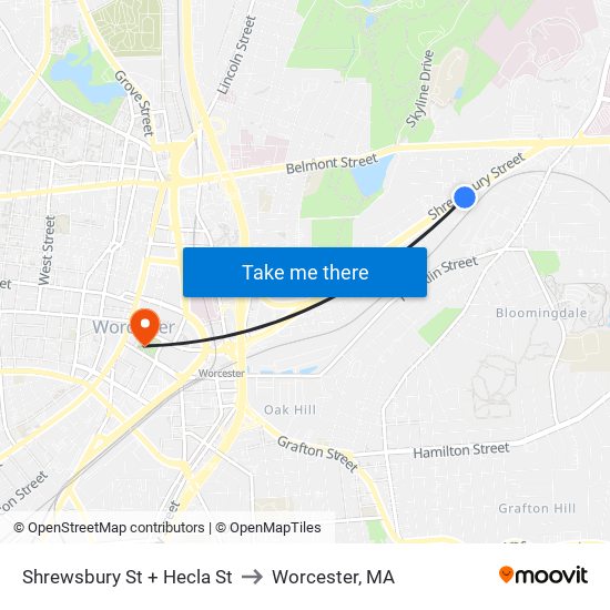 Shrewsbury St + Hecla St to Worcester, MA map