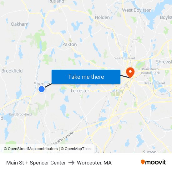 Main St + Spencer Center to Worcester, MA map