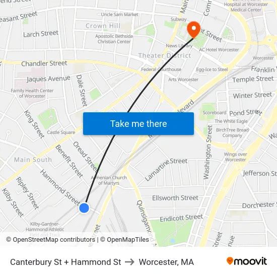 Canterbury St + Hammond St to Worcester, MA map