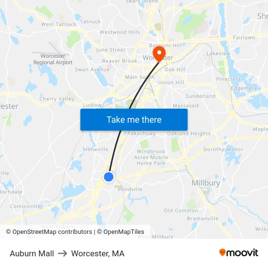 Auburn Mall to Worcester, MA map