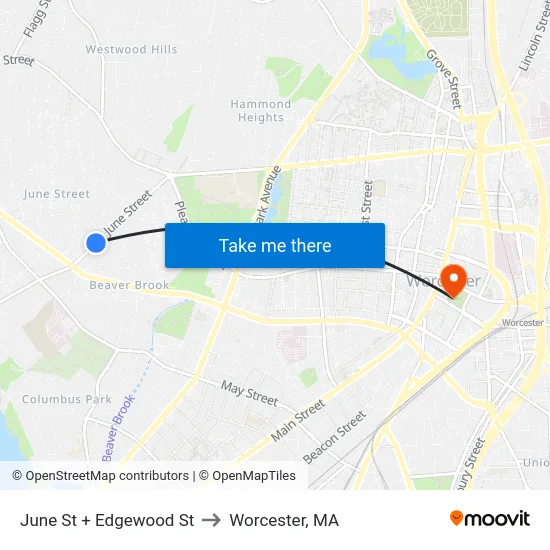 June St + Edgewood St to Worcester, MA map