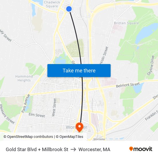 Gold Star Blvd + Millbrook St to Worcester, MA map