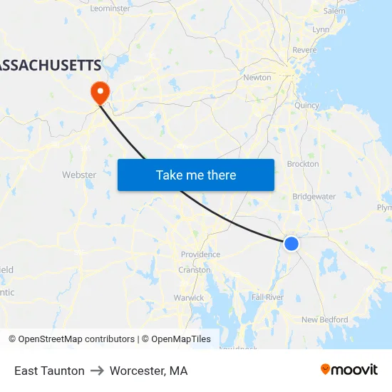 East Taunton to Worcester, MA map