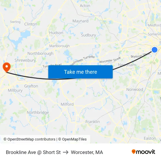 Brookline Ave @ Short St to Worcester, MA map