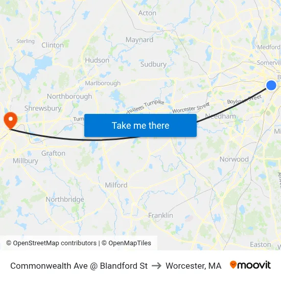 Commonwealth Ave @ Blandford St to Worcester, MA map