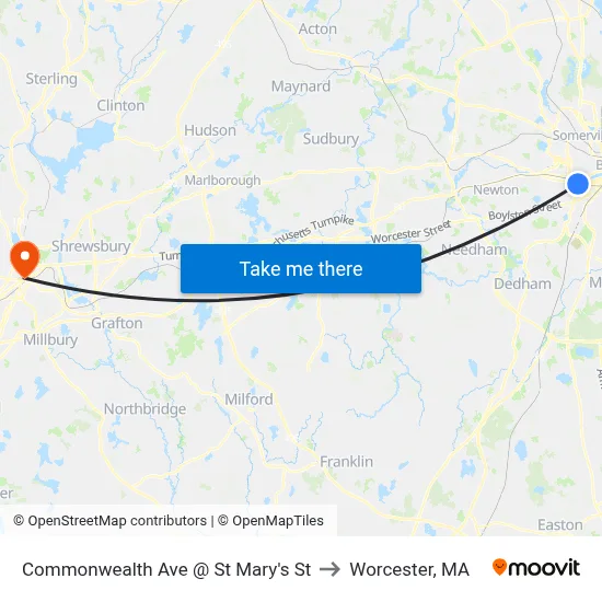 Commonwealth Ave @ St Mary's St to Worcester, MA map