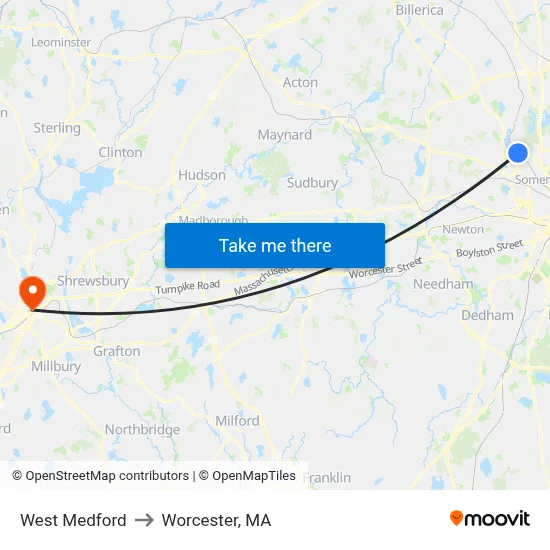 West Medford to Worcester, MA map