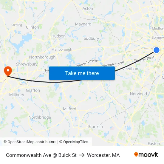 Commonwealth Ave @ Buick St to Worcester, MA map
