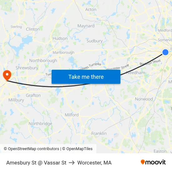 Amesbury St @ Vassar St to Worcester, MA map
