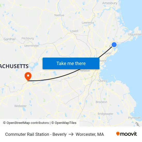 Commuter Rail Station - Beverly to Worcester, MA map