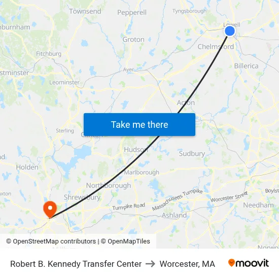 Robert B. Kennedy Transfer Center to Worcester, MA map