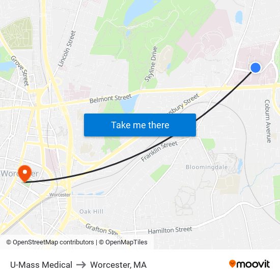 U-Mass Medical to Worcester, MA map