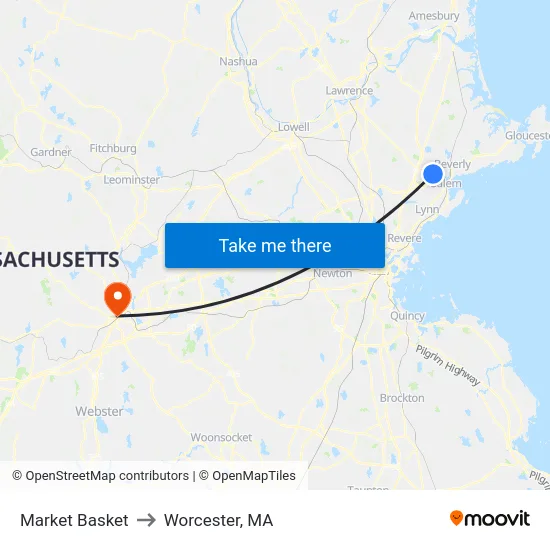 Market Basket to Worcester, MA map