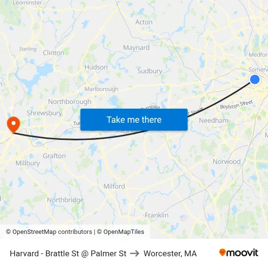 Harvard - Brattle St @ Palmer St to Worcester, MA map
