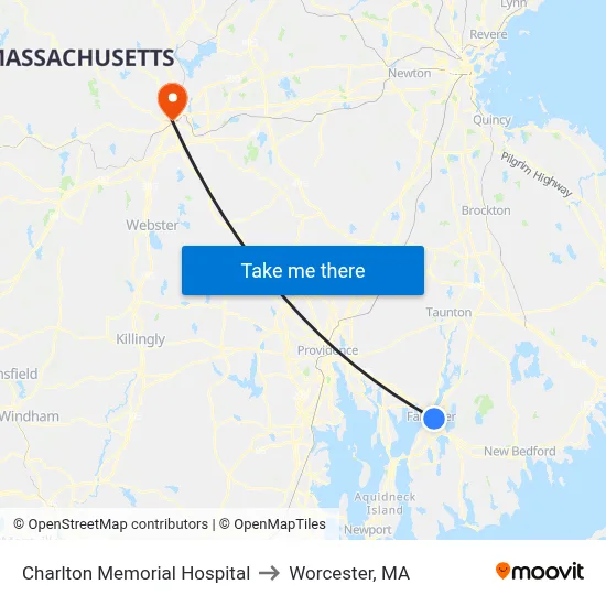 Charlton Memorial Hospital to Worcester, MA map
