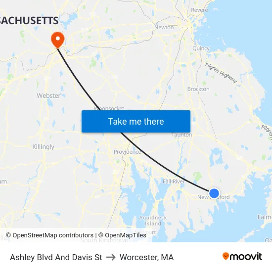 Ashley Blvd And Davis St to Worcester, MA map