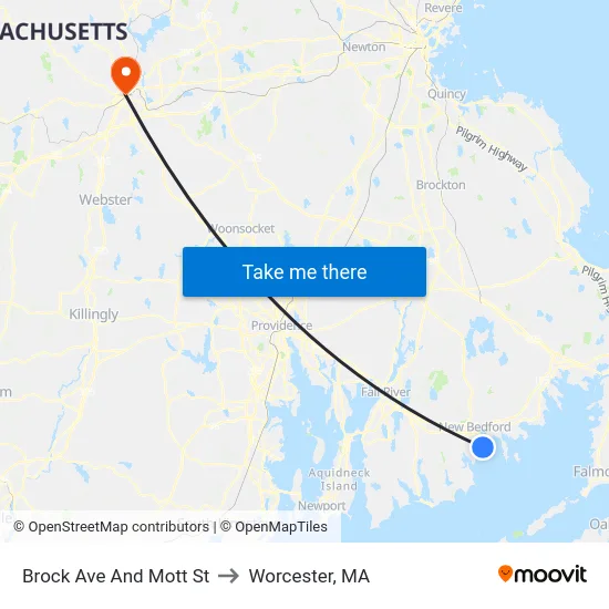 Brock Ave And Mott St to Worcester, MA map
