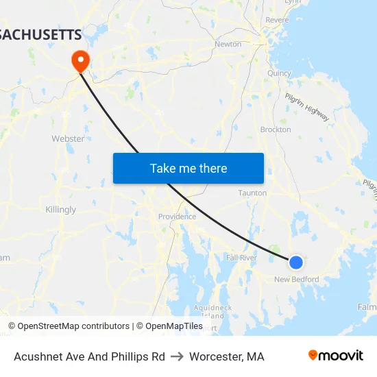 Acushnet Ave And Phillips Rd to Worcester, MA map
