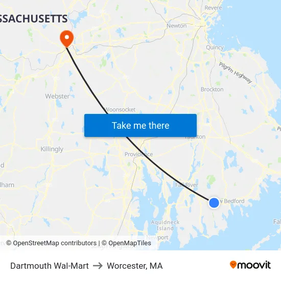 Dartmouth Wal-Mart to Worcester, MA map