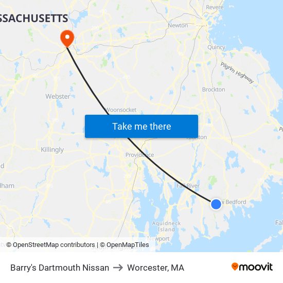 Barry's Dartmouth Nissan to Worcester, MA map