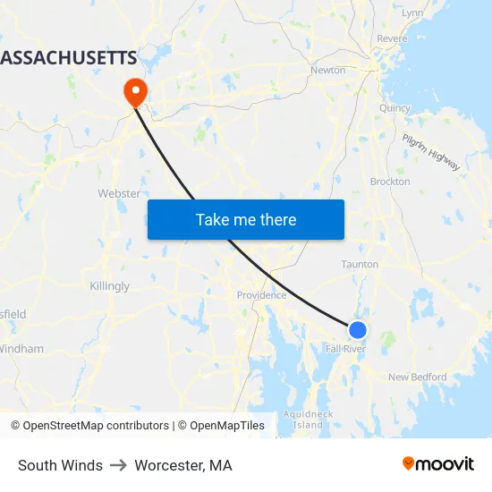 South Winds to Worcester, MA map