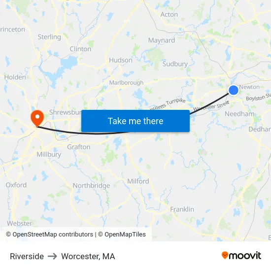 Riverside to Worcester, MA map