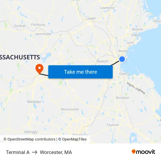 Terminal A to Worcester, MA map