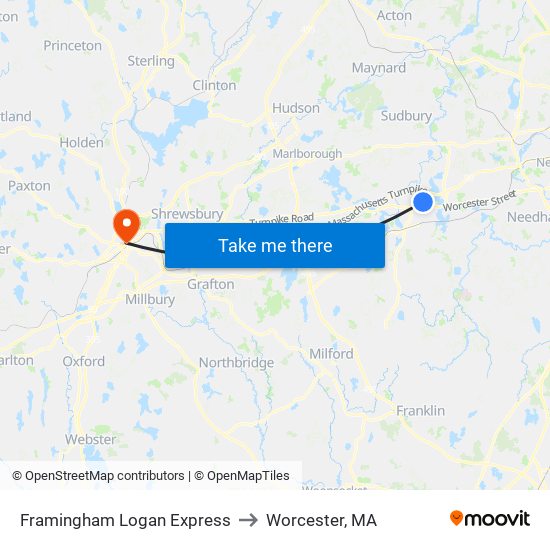 Framingham Logan Express to Worcester, MA map