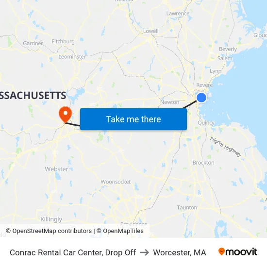 Conrac Rental Car Center, Drop Off to Worcester, MA map